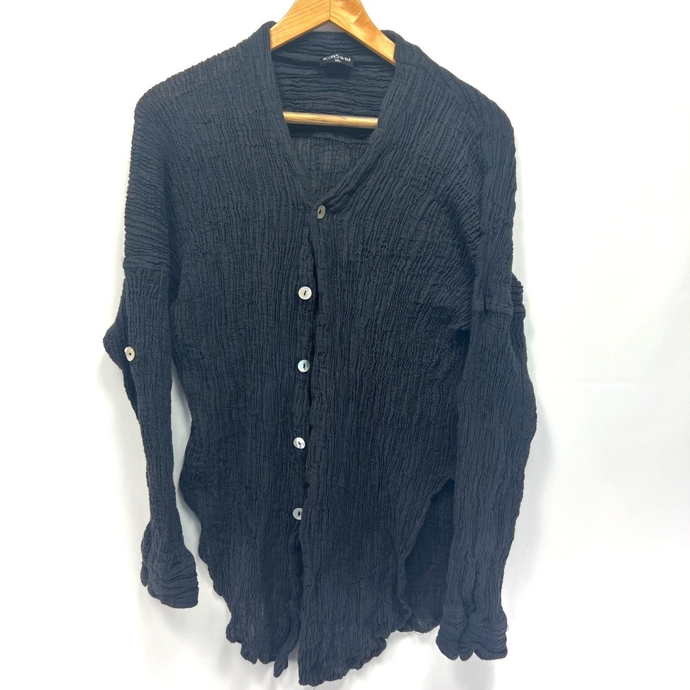 Icon Swim Black Crinkle Texture Button Down Cover Up Top XL Boho Roll-up Sleeves